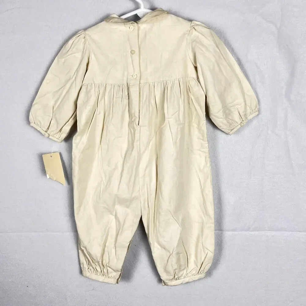 Vintage Ralph Lauren Baby Smocked Corduroy Romper 9M Months Cream Red Holiday